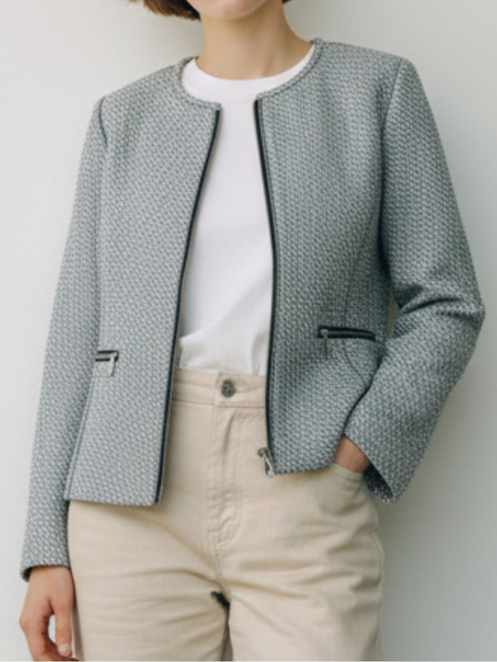 Lafayette 148 New York Sz S Blazer Grey Silver Tweed Collarless Jacket Classic